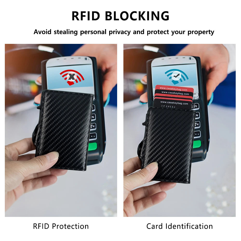 Leather Carbon Fiber Pop up Wallet Anti-theft Anti-RFID